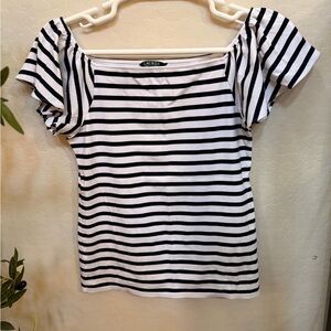 Ralph Lauren Black & White Striped Off-Shoulder Puff Sleeve Tee